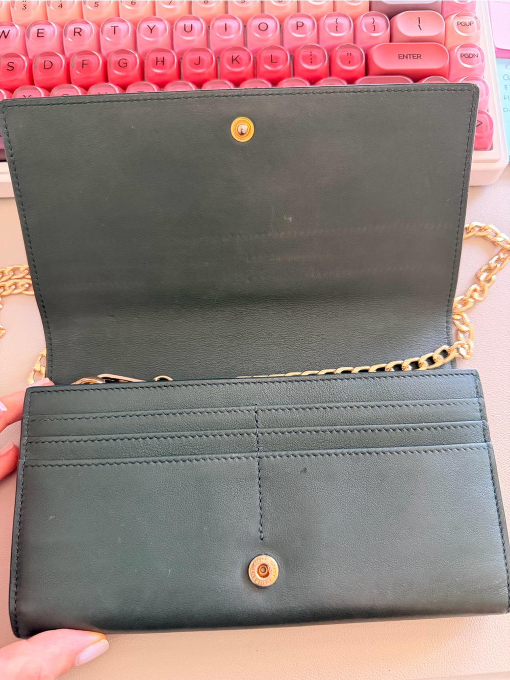 Saint Laurent Forest Green Leather YSL Wallet with Gold Chain - Picture 2 of 4